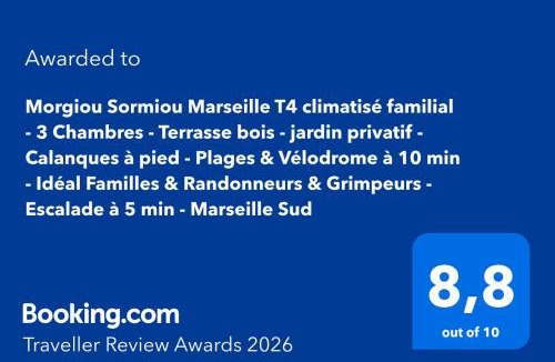 Les Baumettes Apartment | Morgiou Sormiou Marseille T4 climatisé familial - 3 Chambres - Terrasse bois - jardin privatif - Calanques à pied - Plages & Vélodrome à 10 min - Idéal Familles & Randonneurs & Grimpeurs - Escalade à 5 min - Marseille Sud
