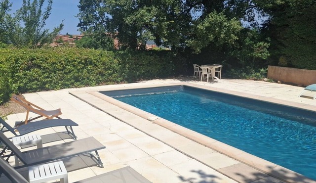 Family home, pool, panoramic village view, airy hillside in summer