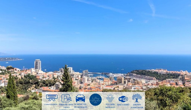 Le Mas d'Angeline-Vue mer panoramique, jardin partagé, parking, voiture indispensable, route étroite et pentue, à 10 min de Monaco